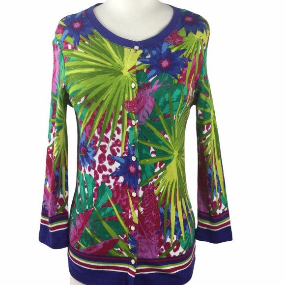 Rafaella Sweaters - Rafaella Tropical Print Cardigan, Size S